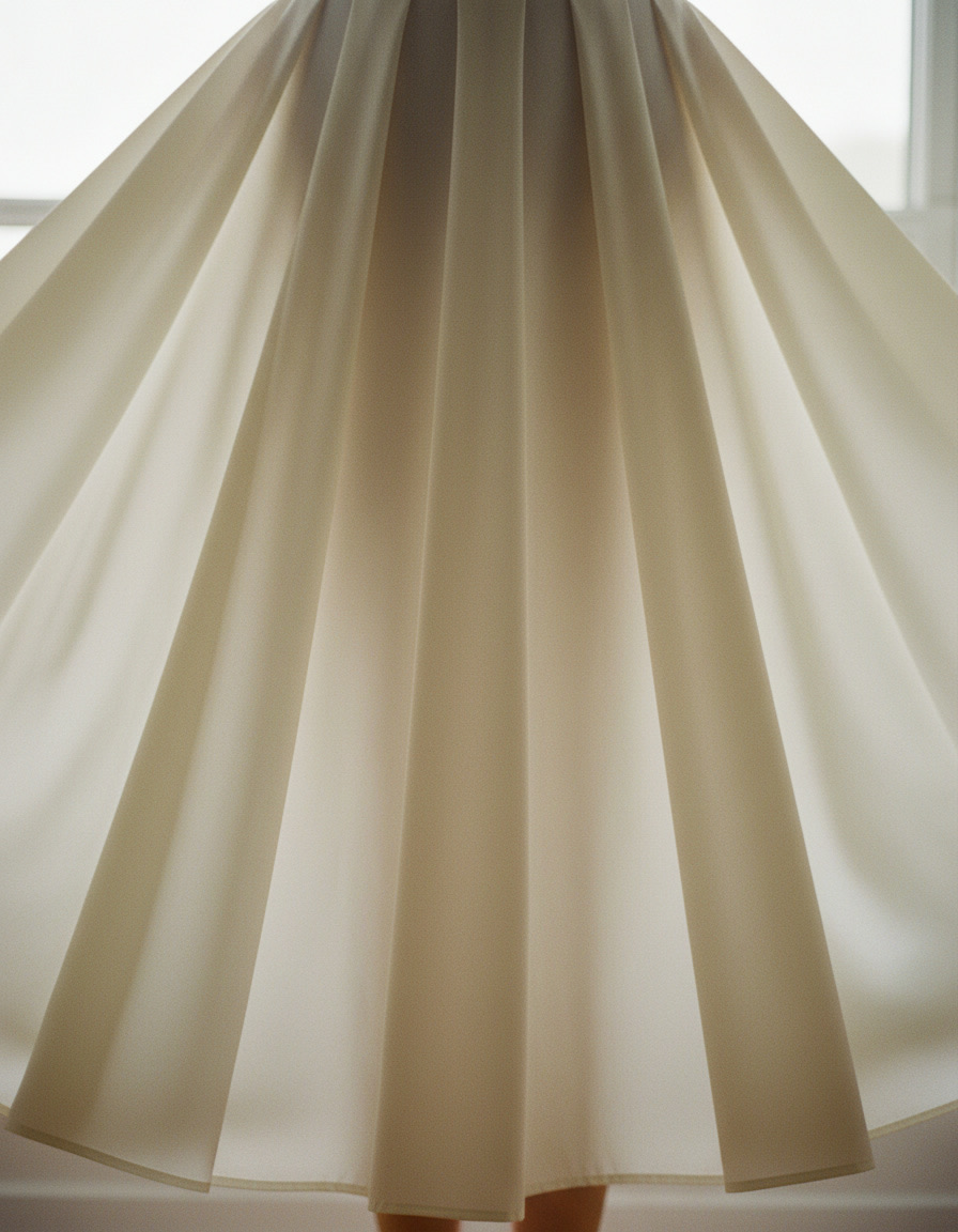 Close detail of the deep pleats of an ivory silk-crepe modest dress